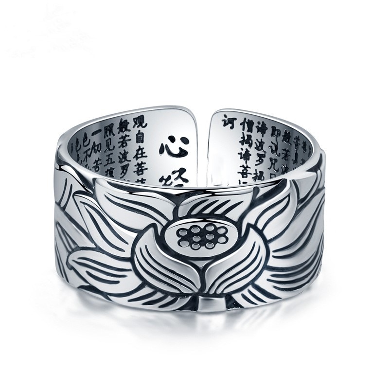 Prettyland Silver-plated Jewelry Vintage Amulet Buddha Lotus Baltic Buddhist Scriptures Opening Rings for Men Women