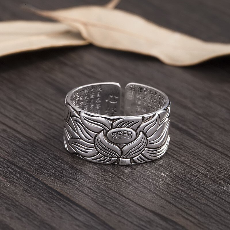 Prettyland Silver-plated Jewelry Vintage Amulet Buddha Lotus Baltic Buddhist Scriptures Opening Rings for Men Women