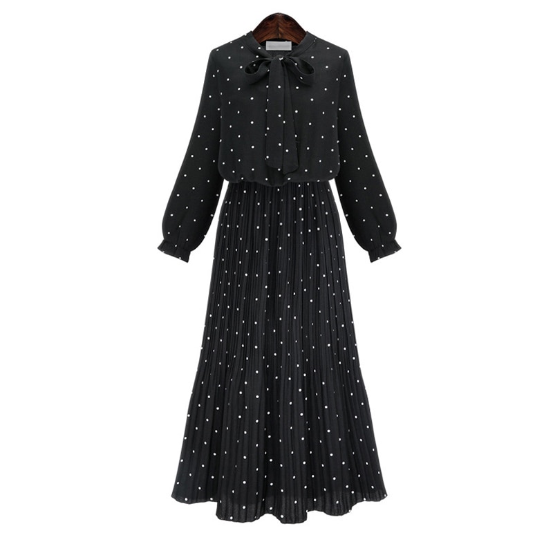 Spring Round Neck Long Sleeve Solid Black Chiffon Dress