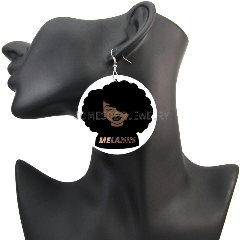 SOMESOOR Afro Melanin Girl Magic Printed Wooden Drop Earrings African Natural Hair Hoops Design Jewelry For Black Women Gifts