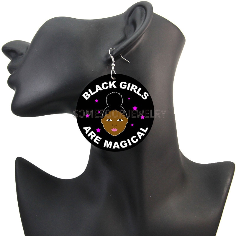 SOMESOOR Afro Melanin Girl Magic Printed Wooden Drop Earrings African Natural Hair Hoops Design Jewelry For Black Women Gifts
