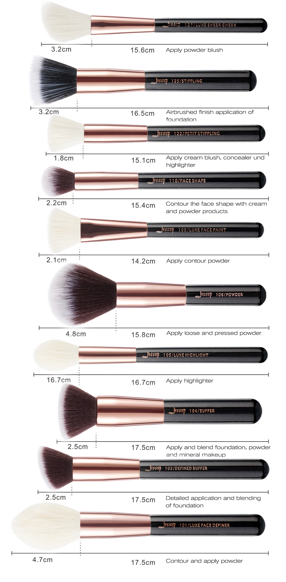 Jessup Rose Gold / Black Makeup brushes set