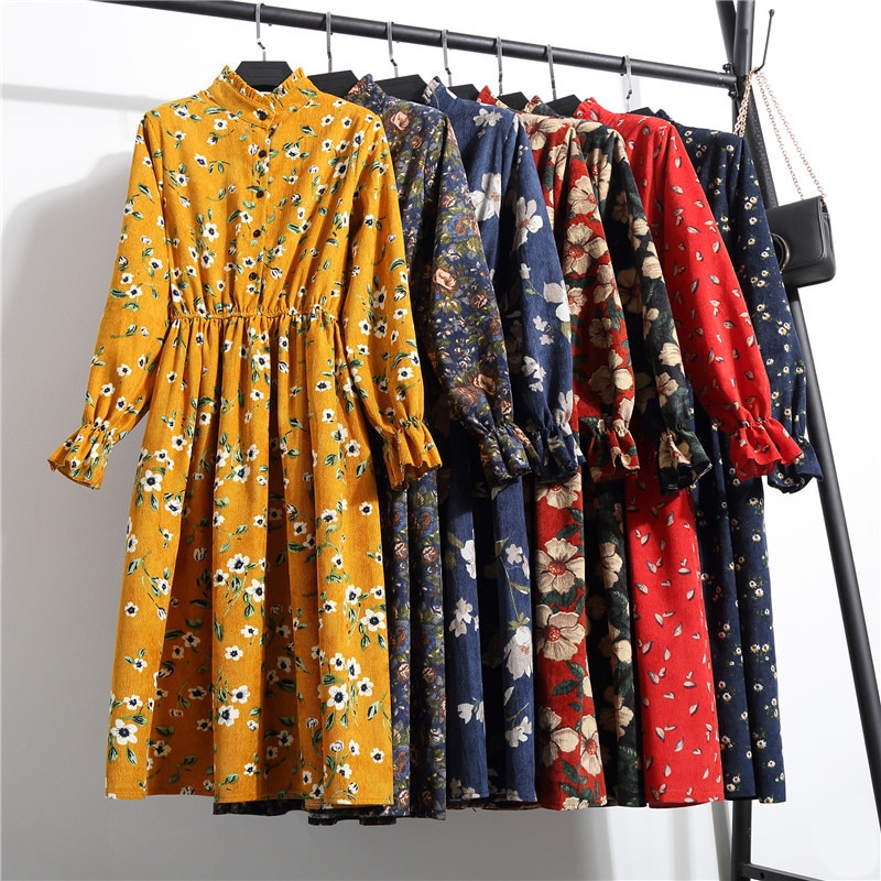 High Elastic Waist Vintage Dress A-line Women Full Sleeve Flower Plaid Print Dresses