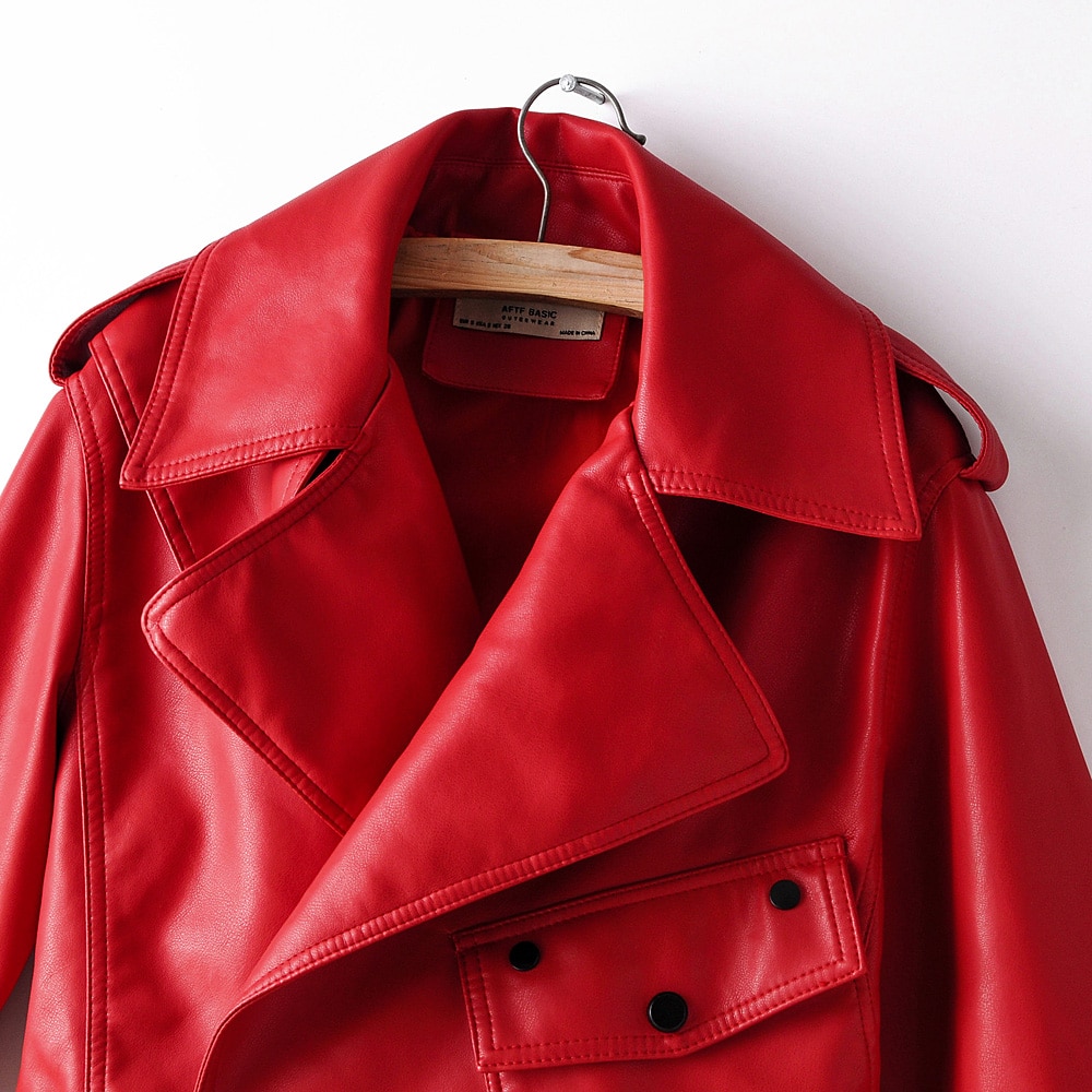 Women Faux Leather Jacket Red Coat
