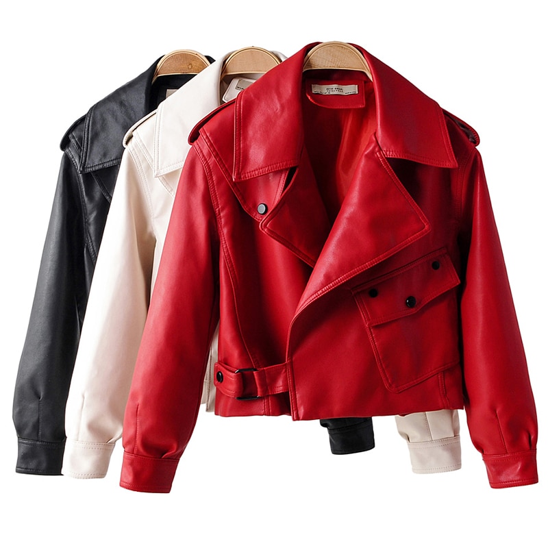 Women Faux Leather Jacket Red Coat