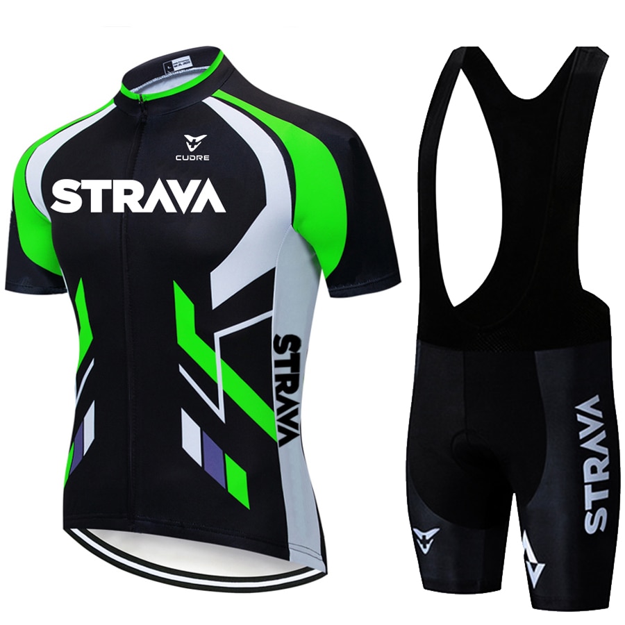 Fluorescent Green STRAVA Cycling Jersey sets red Bicycle Short Sleeve Cycling Clothing Bike maillot Cycling Jersey Bib shorts