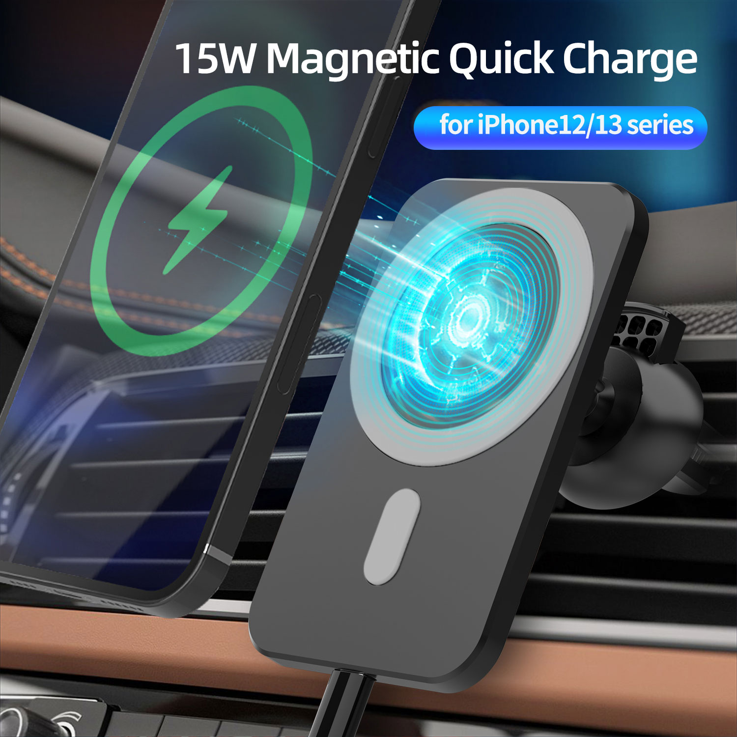 15W Magnetic Wireless Car Charger Mount for iPhone 12mini 12 13 Pro Max 11 Xr Xs Fast Charging Wireless Charger Car Phone Holder