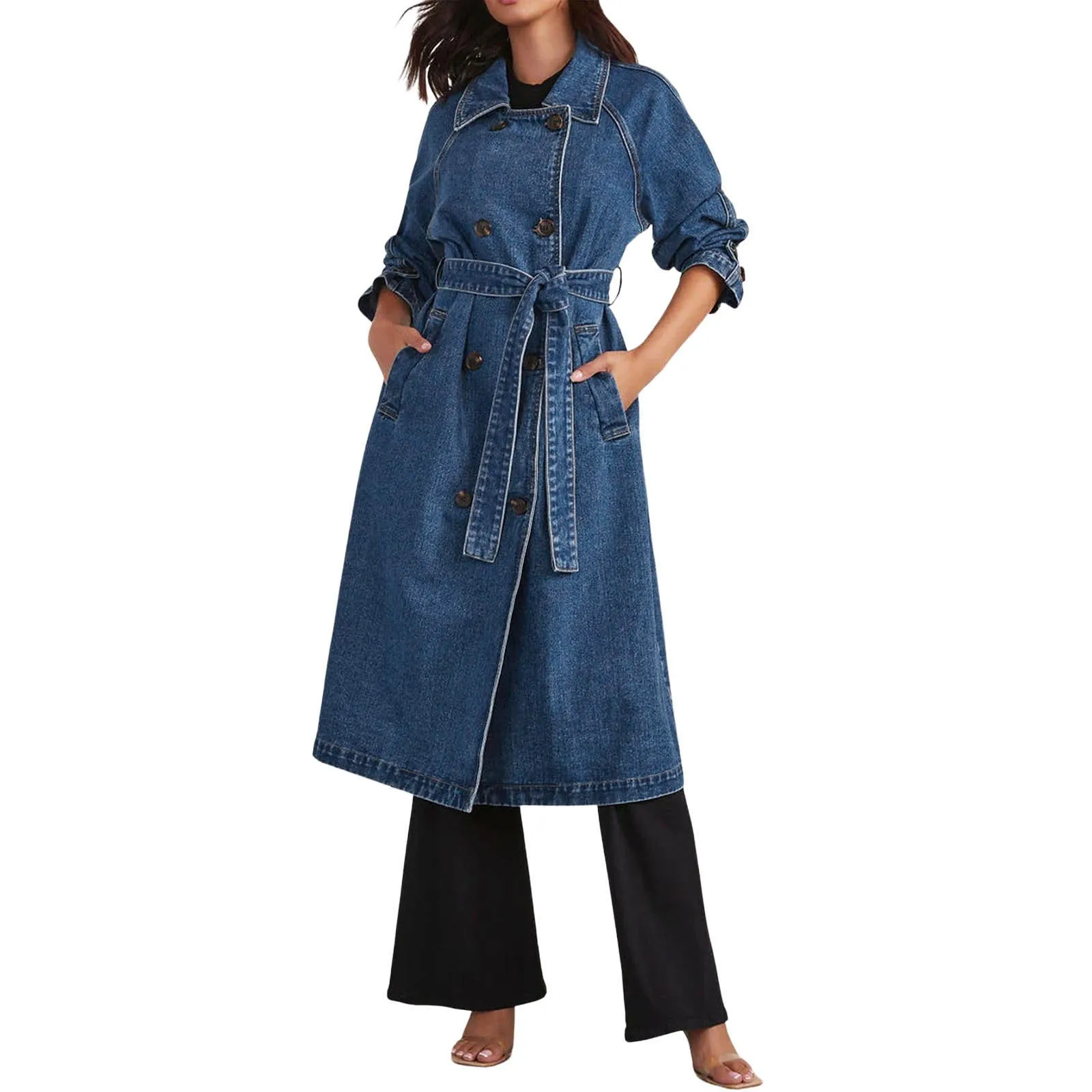 Women's Vintage Midi Long Denim Jacket - Double Breasted Trench Coat with Belt