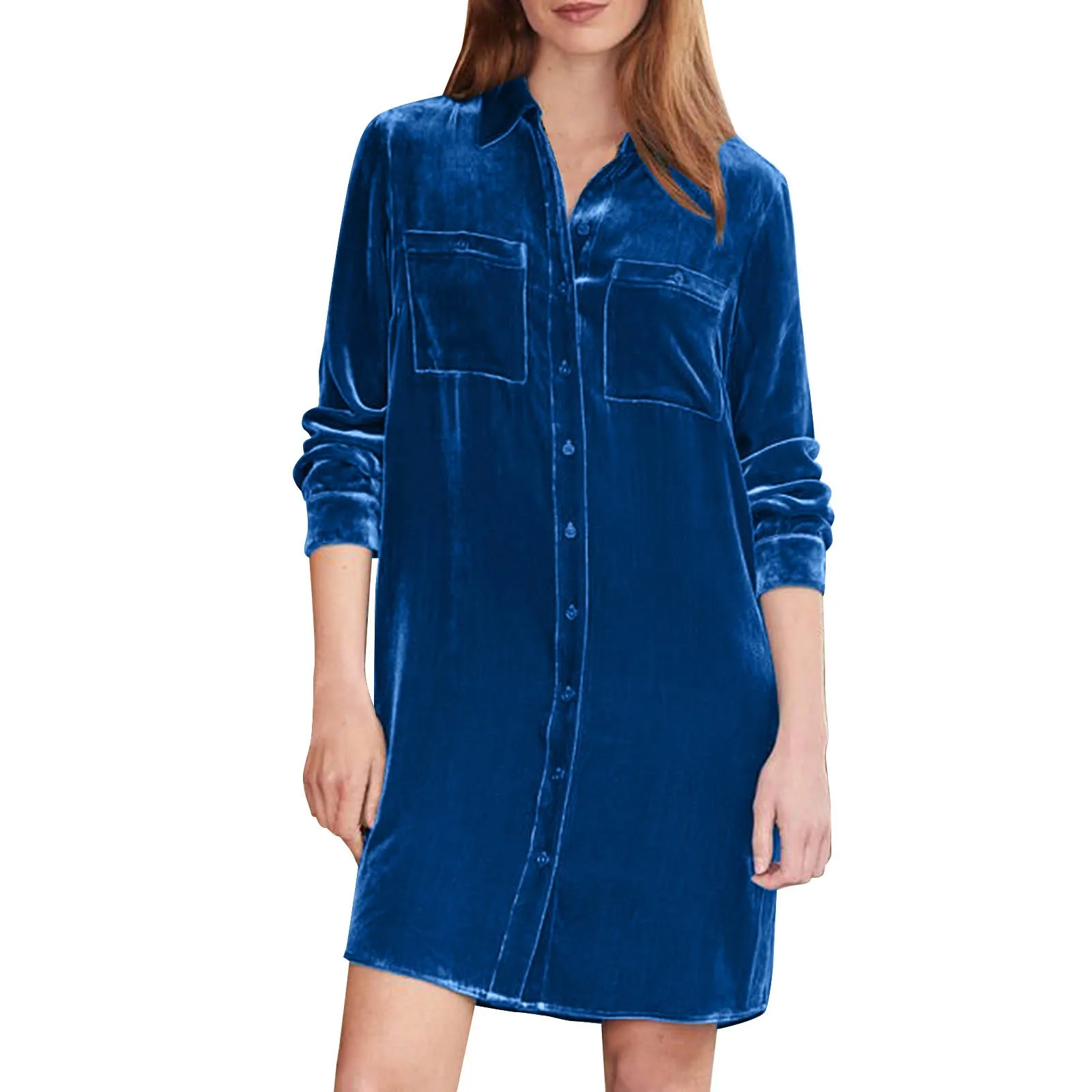 Women's Velvet Shirt Dress - Plus-Size Evening Party Dress with Pockets