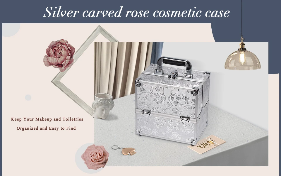 Portable Alloy Makeup Case – Rose Gold Travel Cosmetic Organizer Box
