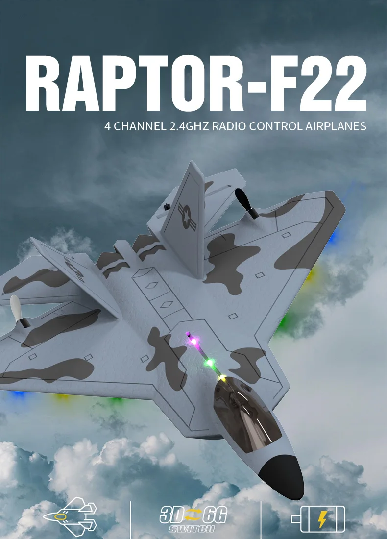 2024 New F22S 2.4G 3CH 3D6G RC Airplane Raptor F22 Warplane WLtoys A180 Upgrade Version LED Light With Gyroscope Out Door Toys