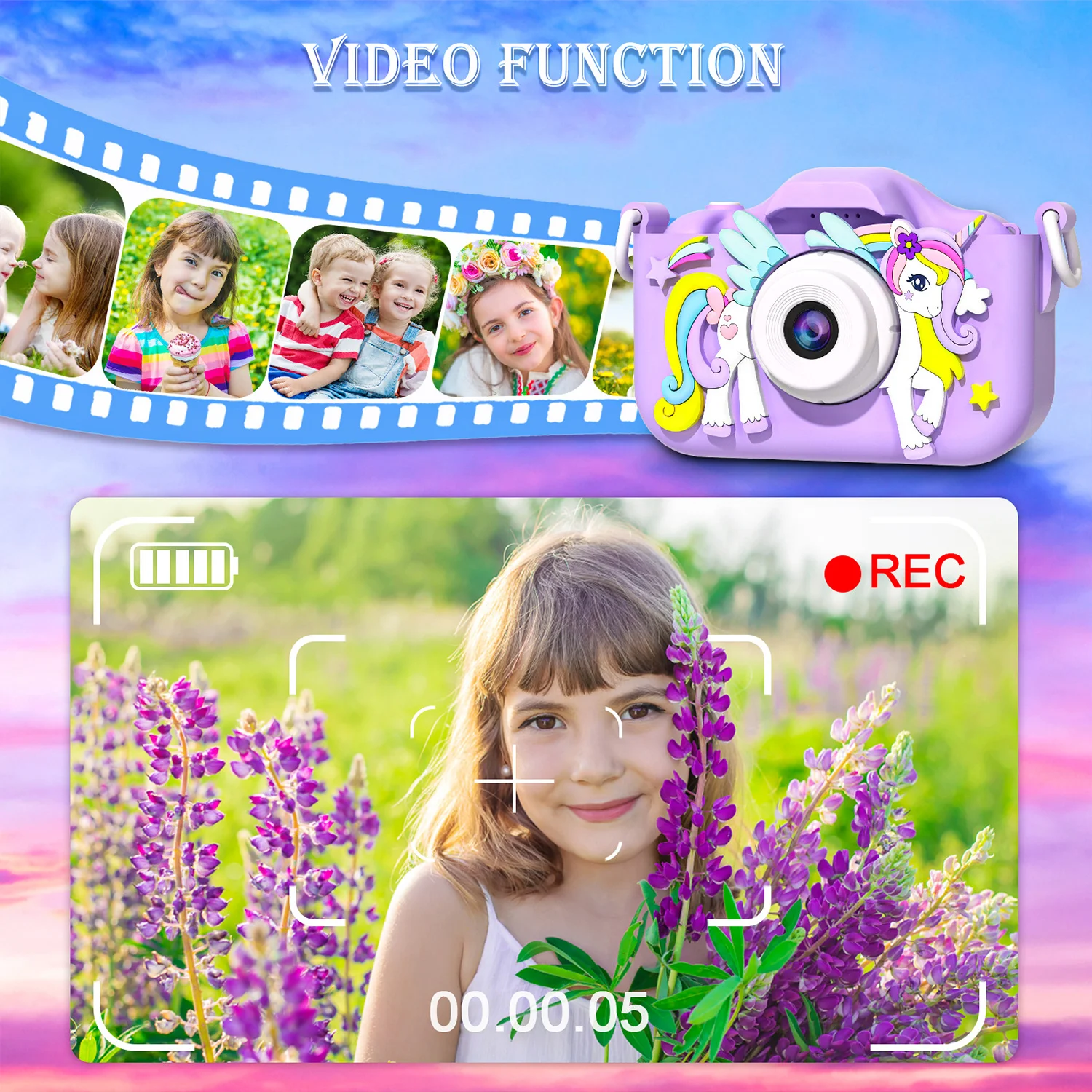 Kids Mini Cartoon Unicorn Camera – 1080P HD with 2-Inch Screen & 32GB SD Card