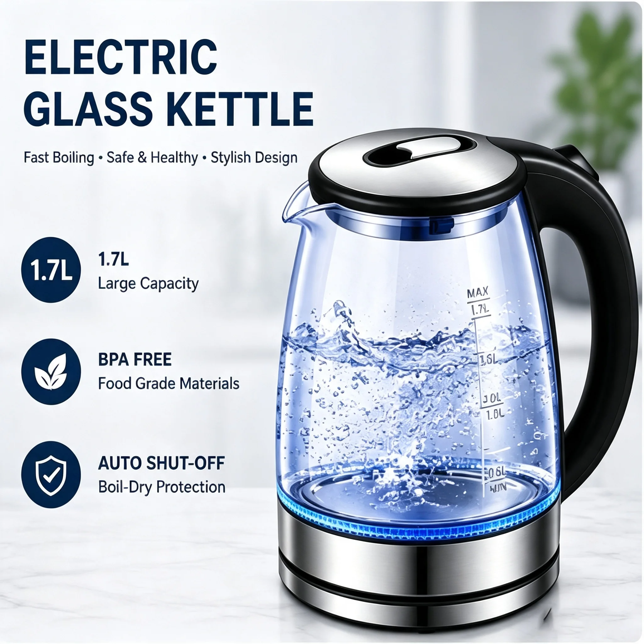 Electric Glass Kettle 1.7L - Fast Boiling Cordless Tea Kettle with LED Light - Image 2