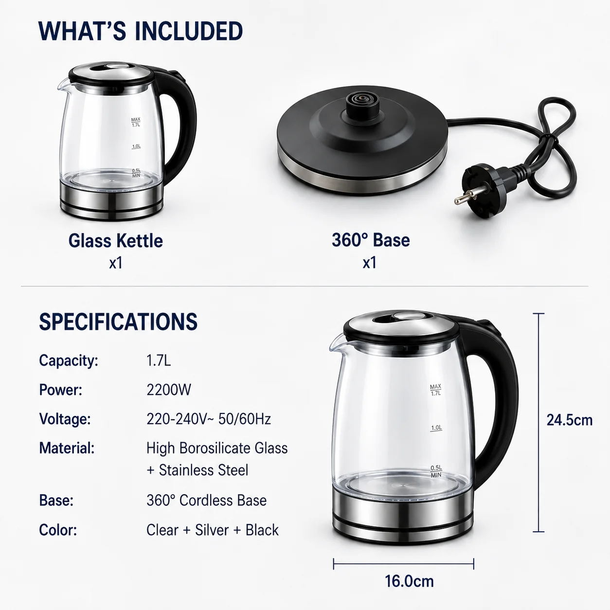 Electric Glass Kettle 1.7L - Fast Boiling Cordless Tea Kettle with LED Light - Image 3
