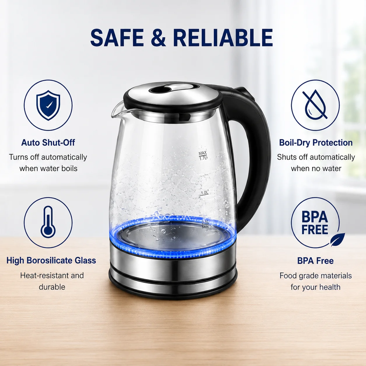 Electric Glass Kettle 1.7L - Fast Boiling Cordless Tea Kettle with LED Light