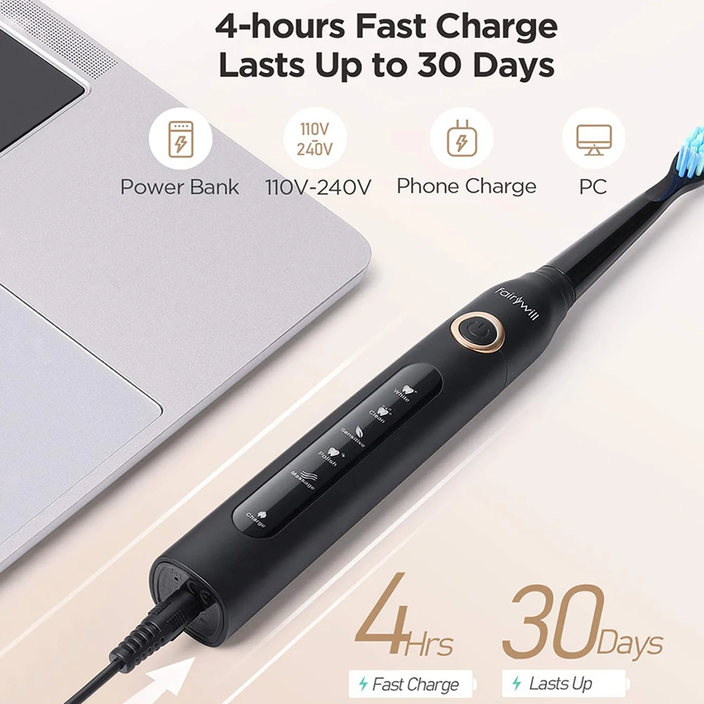 Fairywill Sonic Electric Toothbrush – USB Rechargeable, Waterproof, with Replacement Heads - Image 4