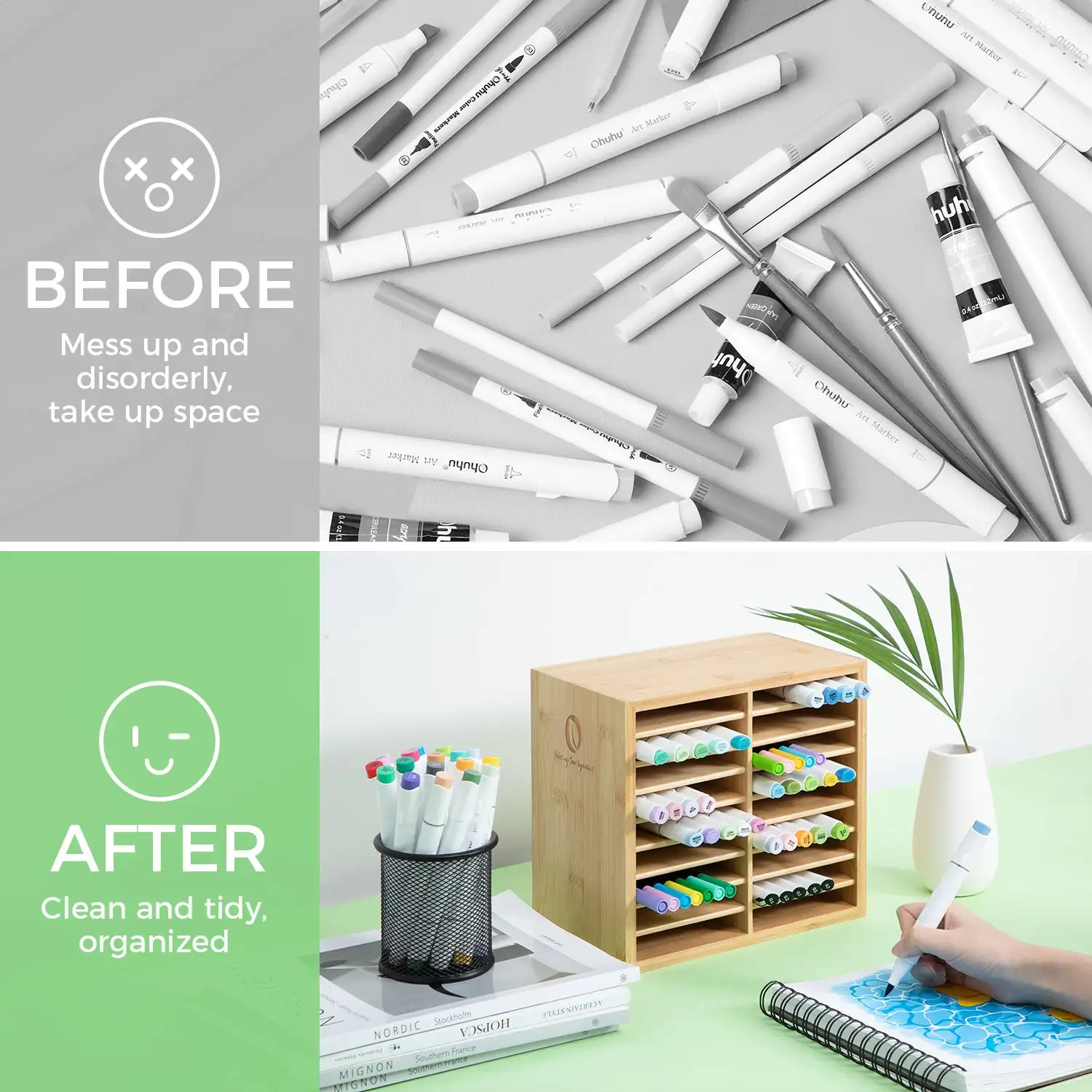 Ohuhu Bamboo Marker Organizer - Wooden Desktop Storage for 126 Markers & Pens - Image 4