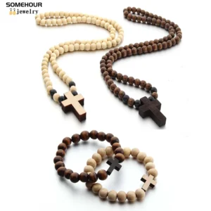 SOMEHOUR Vintage Wood Bead Cross Pendant Necklace & Bracelet Set