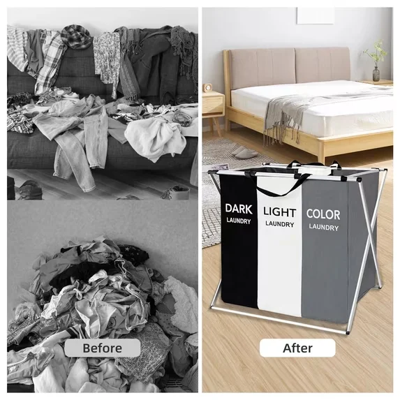 3-Compartment Foldable Laundry Hamper - Sorting Bags for Small Spaces - Image 4
