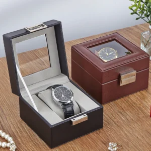 PU Leather Watch Display Box with Glass Top - Single Slot Storage Case