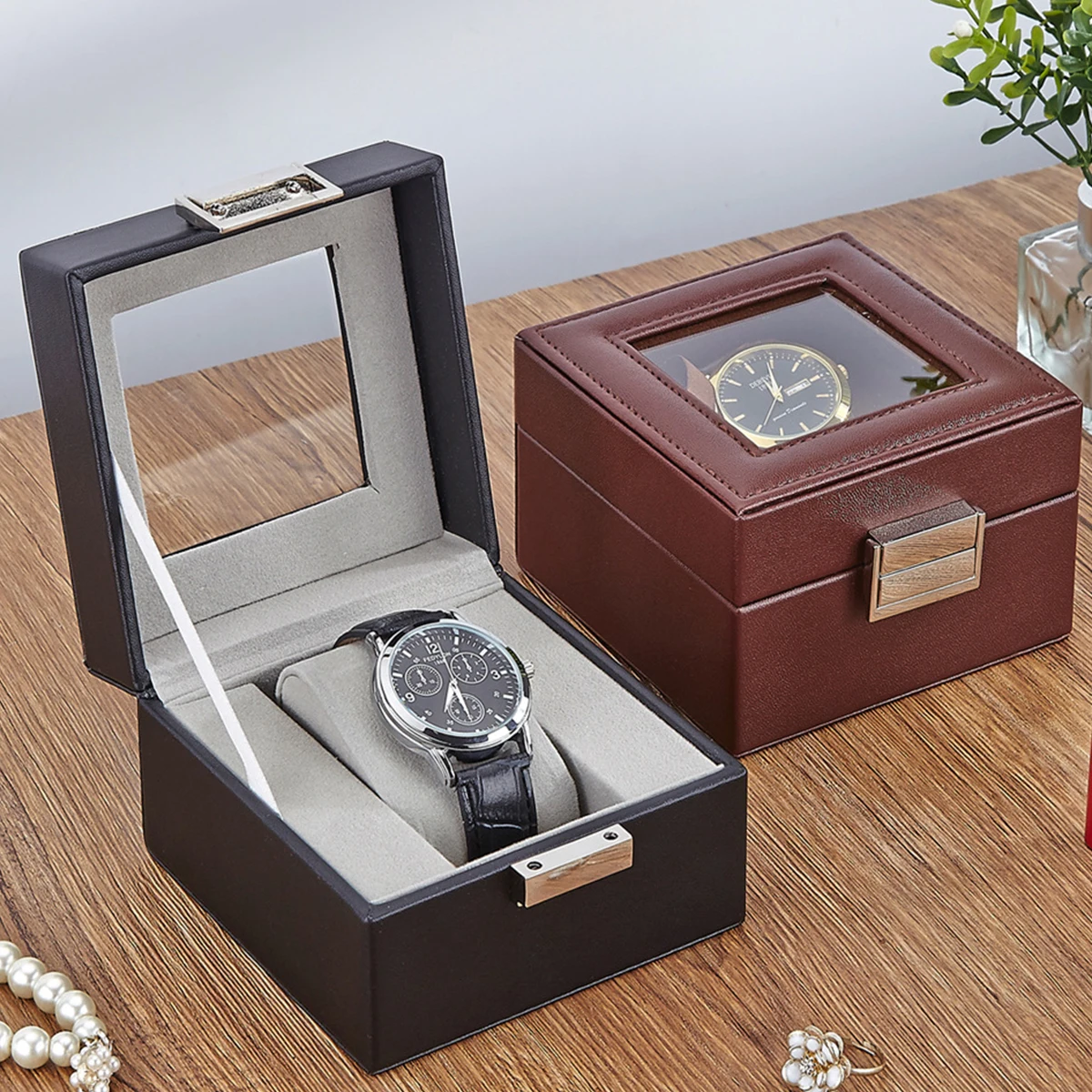 PU Leather Watch Display Box with Glass Top - Single Slot Storage Case