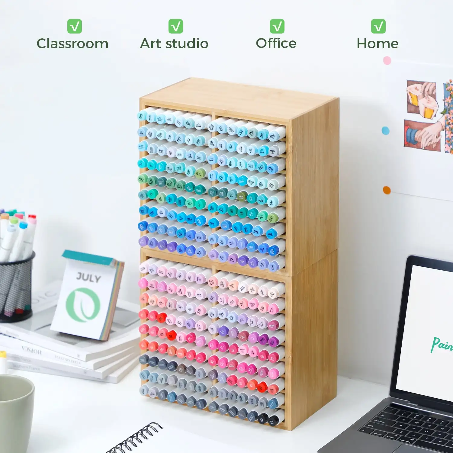 Ohuhu Bamboo Marker Organizer - Wooden Desktop Storage for 126 Markers & Pens - Image 3