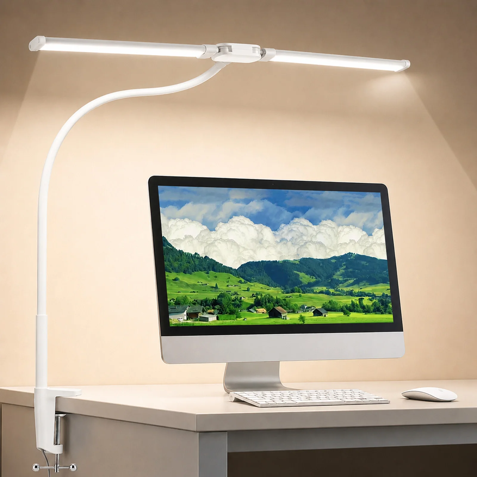 LED Desk Lamp with Clamp - Dual Head Dimmable, USB Adjustable Monitor Light - Image 2