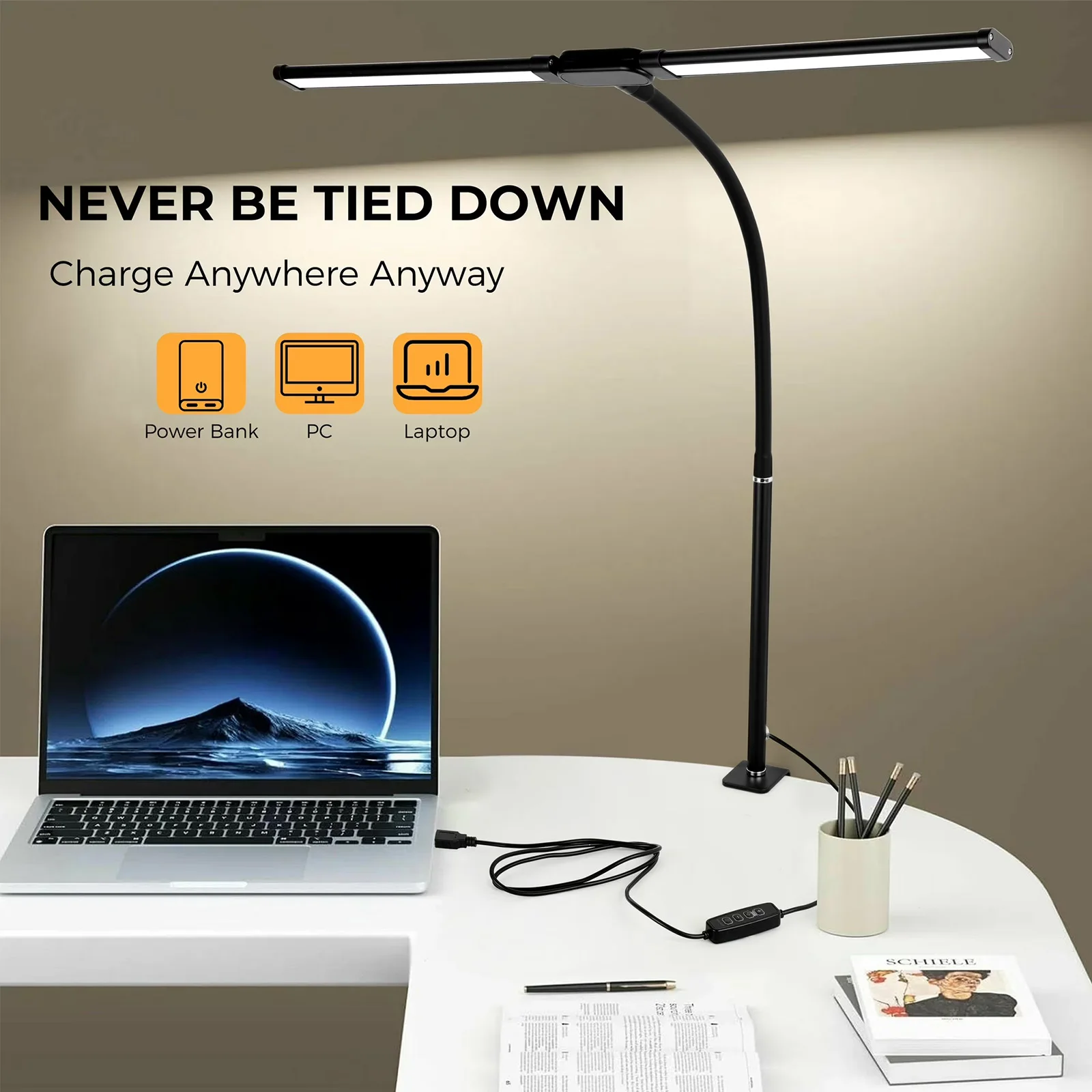 LED Desk Lamp with Clamp - Dual Head Dimmable, USB Adjustable Monitor Light - Image 7