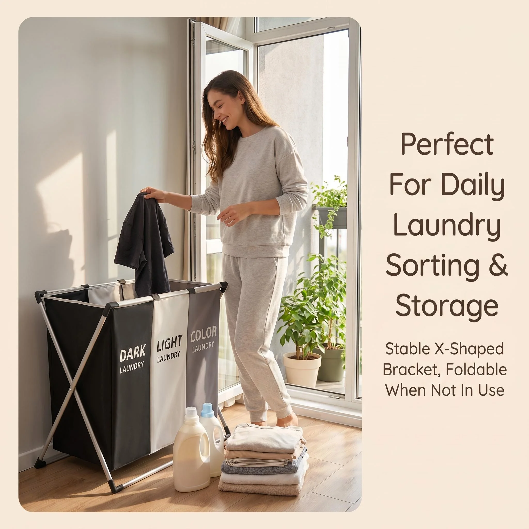 3-Compartment Foldable Laundry Hamper - Sorting Bags for Small Spaces - Image 2