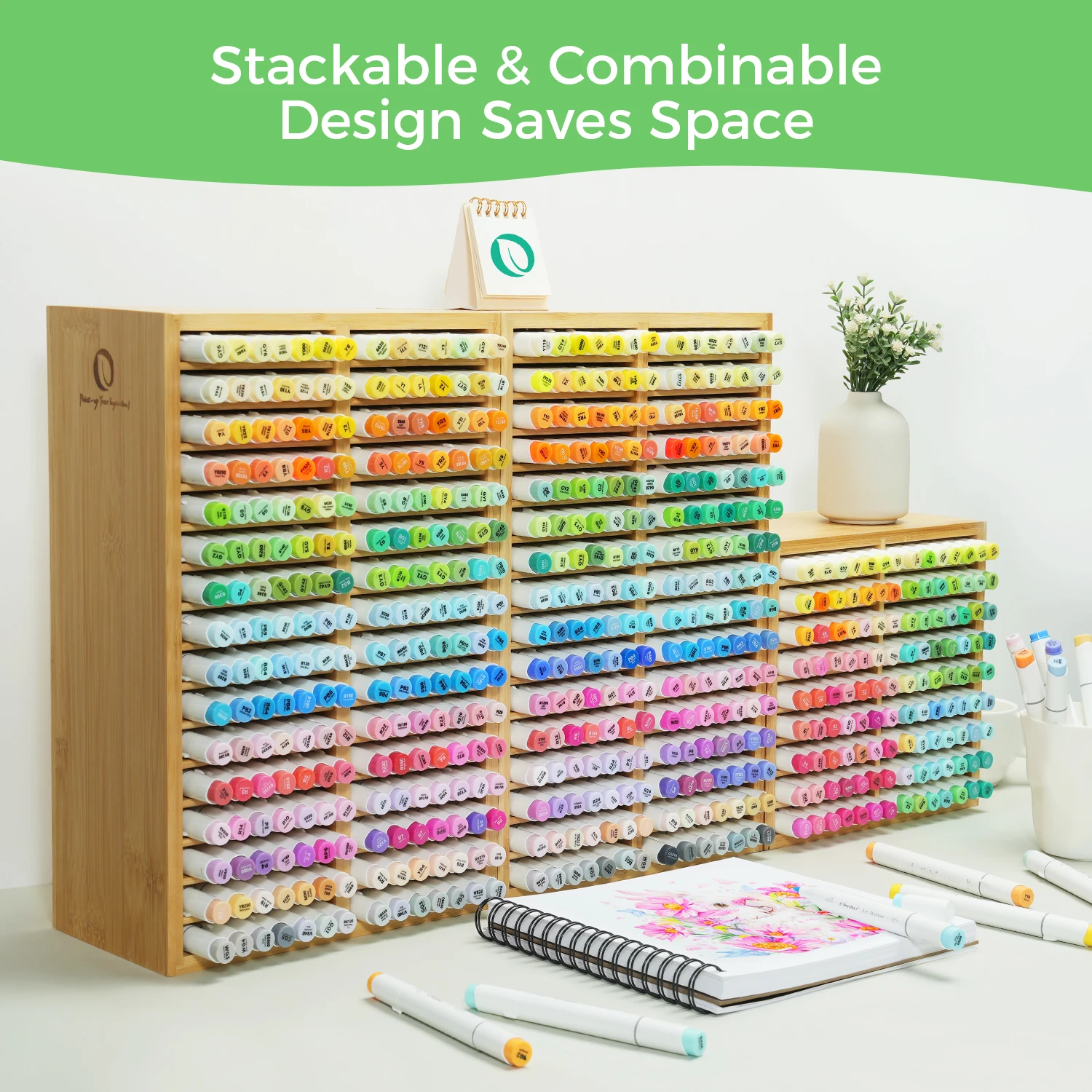 Ohuhu Bamboo Marker Organizer - Wooden Desktop Storage for 126 Markers & Pens - Image 5