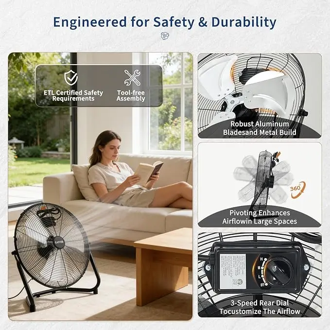 Heavy Duty High Velocity Floor Fan - 3-Speed, 360° Adjustable Tilt - Image 5