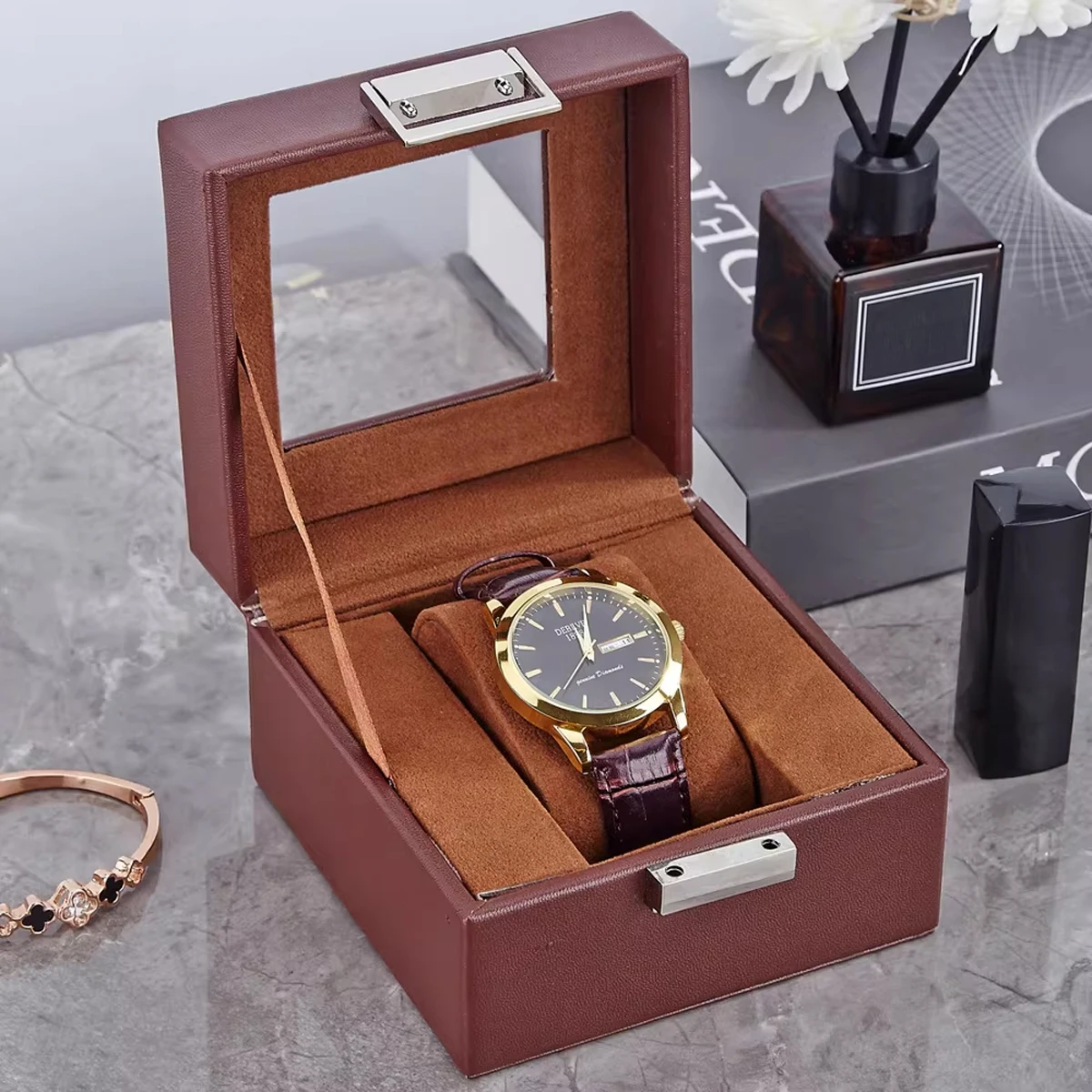 PU Leather Watch Display Box with Glass Top - Single Slot Storage Case - Image 2