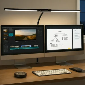 LED Desk Lamp with Clamp - Dual Head Dimmable, USB Adjustable Monitor Light