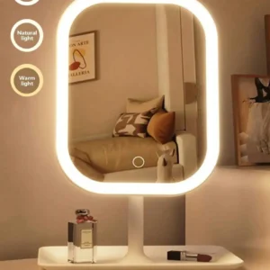 LED Makeup Mirror with Storage Base - Touch Control, 3 Lighting Modes, Rechargeable