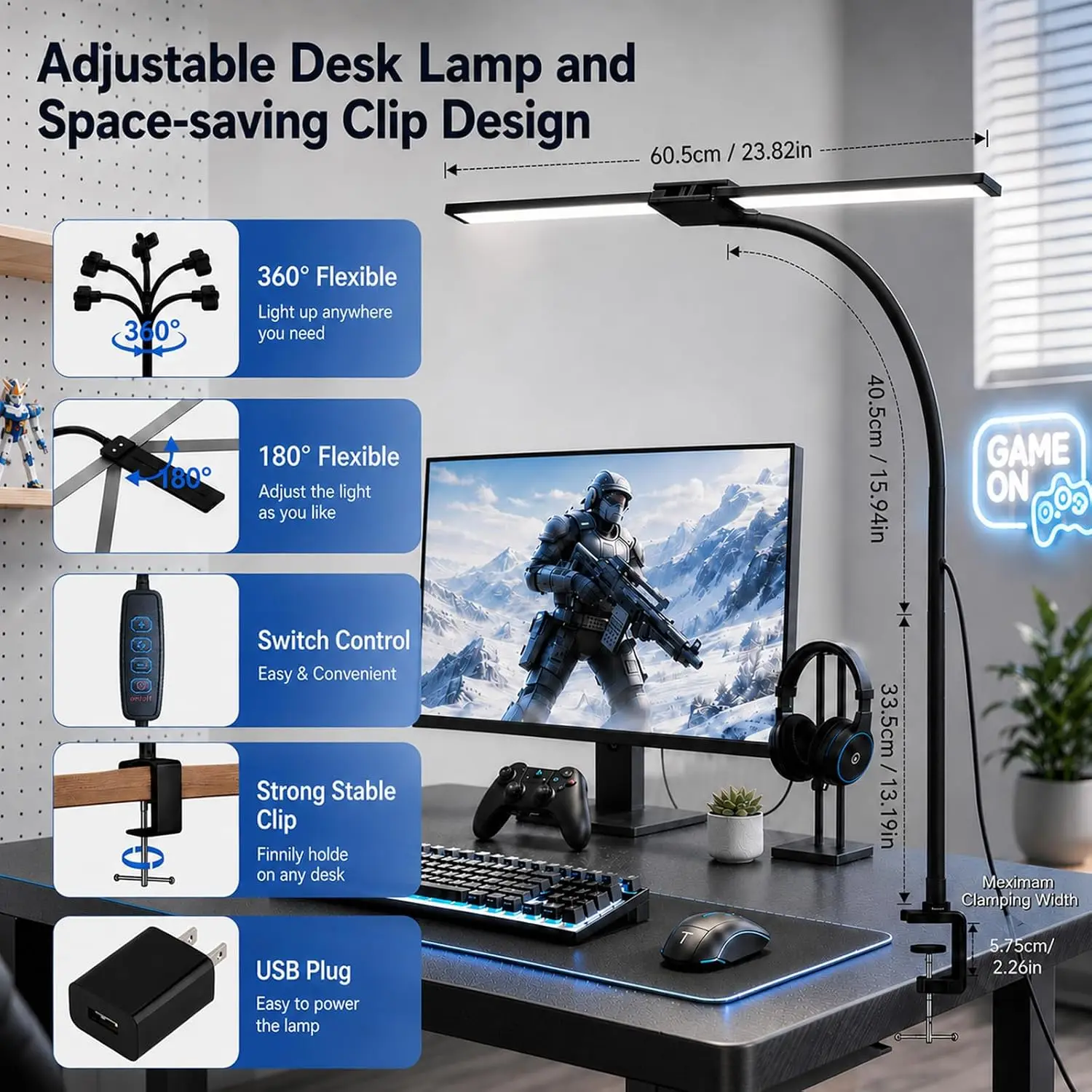 LED Desk Lamp with Clamp - Dual Head Dimmable, USB Adjustable Monitor Light - Image 3