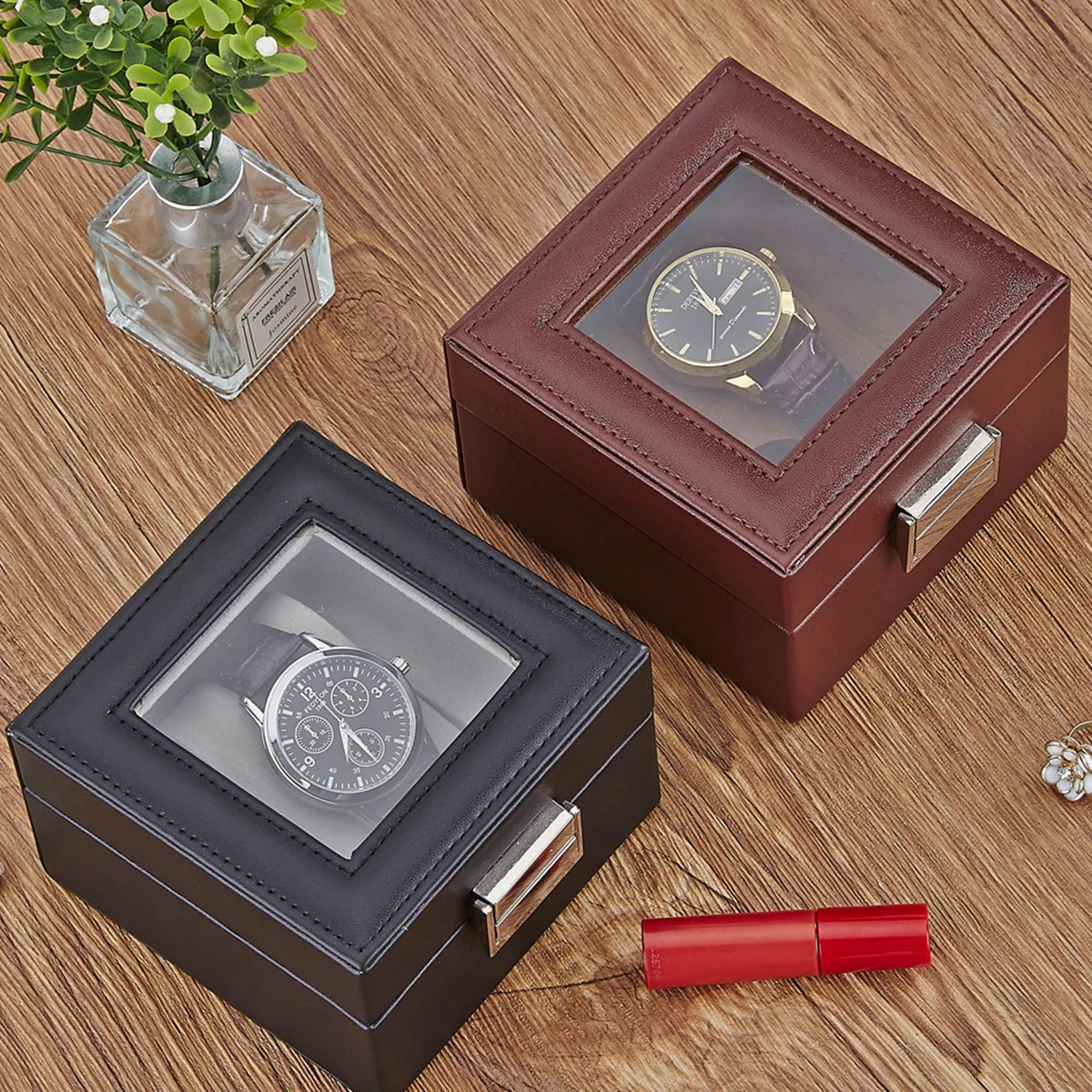 PU Leather Watch Display Box with Glass Top - Single Slot Storage Case - Image 3