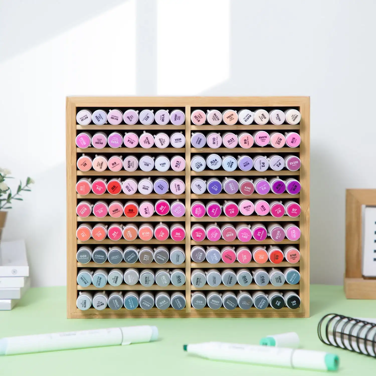 Ohuhu Bamboo Marker Organizer - Wooden Desktop Storage for 126 Markers & Pens - Image 6