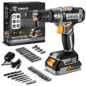 DEKO 20V Cordless Drill Driver Kit with Battery, Charger & Bits - Woodworking Tool Set