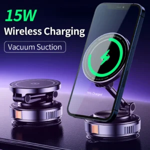 Magnetic Wireless Car Charger with Vacuum Suction Mount - 15W Fast Charging