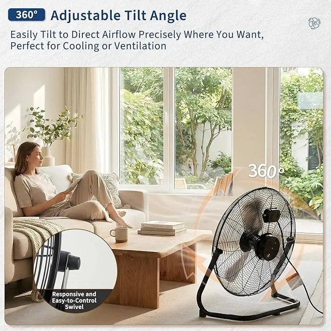 Heavy Duty High Velocity Floor Fan - 3-Speed, 360° Adjustable Tilt - Image 2